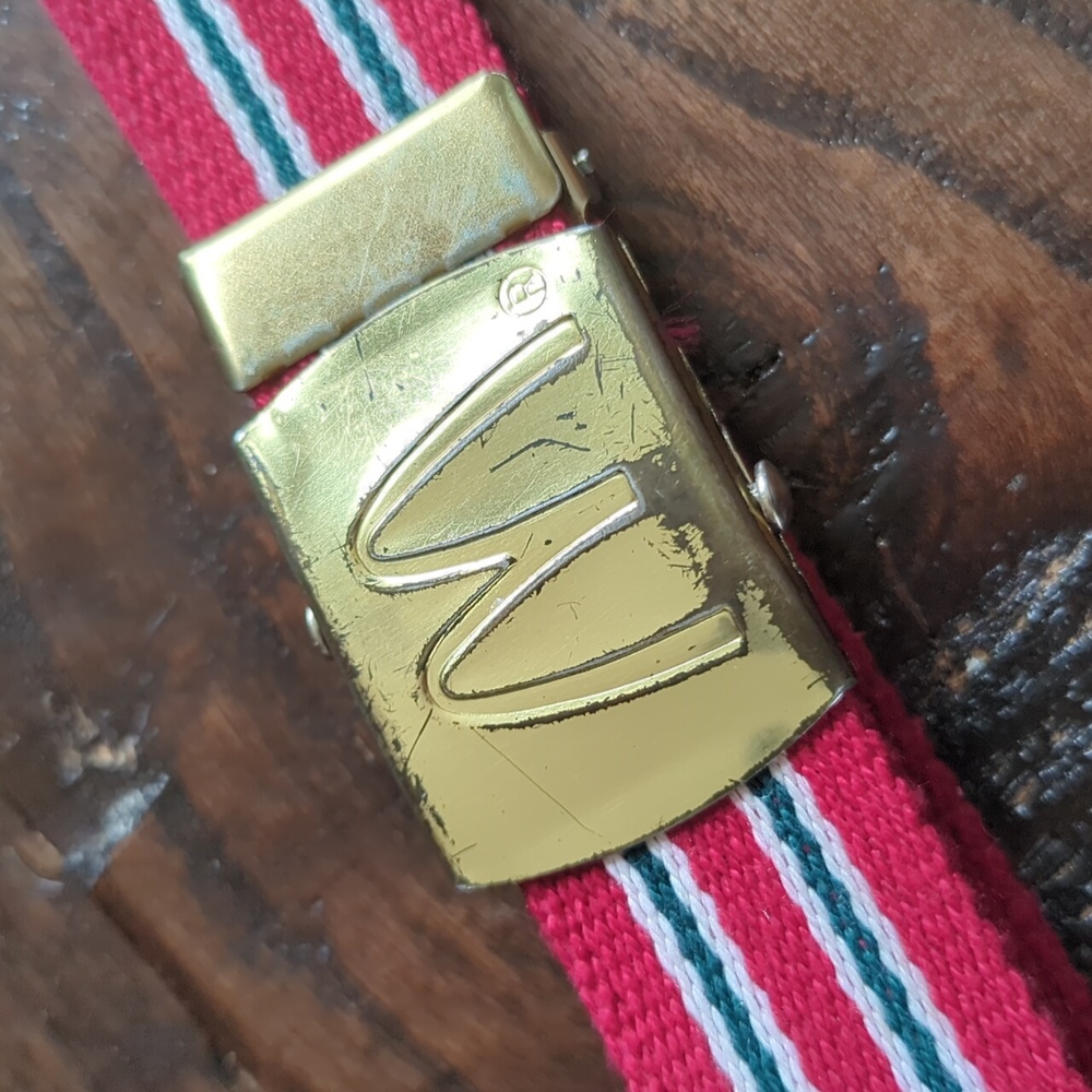 Vintage McDONALD'S Twill Red & Green Stripe Gold Buckle Employee Uniform Belt